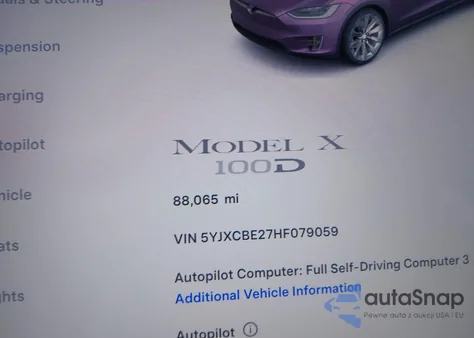 2017 Tesla Model X 100D/75D/90D z USA, uszkodzony, nr VIN 5YJXCBE27HF079059